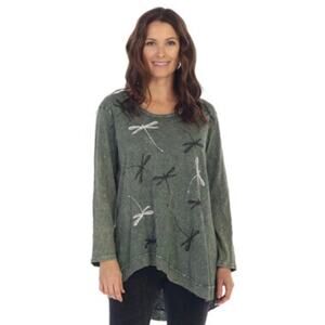 Jess & Jane Olive Green Stonewashed Dragonfly Lagenlook Tunic, S